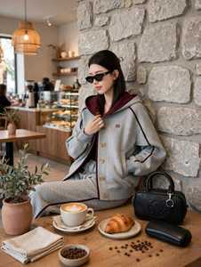 <b>Women</b> Gray Button Up Hooded Tracksuit <b>Set</b> Burgundy Trim Side Stripe Two Piece Sweatshirt <b>Jogger</b> <b>Set</b> - Product Image 4