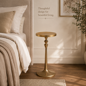 Antique Gold Round Accent <b>Table</b> with <b>Slim</b> Pedestal Stand | Elegant Metal Occasional <b>Table</b> for Living Room, Bedroom, Sofa, Lounge - Product Image 2