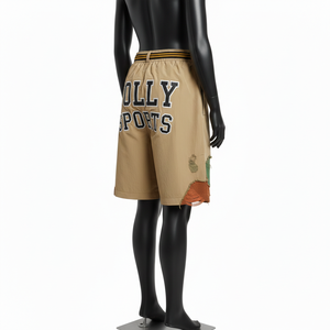 Shorts cortavientos de poliéster premium para mujer, color caqui, verde oliva, diseño de paneles, aplique de chenilla, logotipo personalizado. - Product Image 5