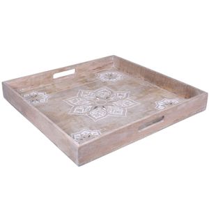 Handcrafted Carved Wooden Serving Tray Antique <b>Rustic</b> Decorative Wood Tray with Handles for <b>Coffee</b> <b>Table</b> & Ottoman Home Decor - Product Image 2