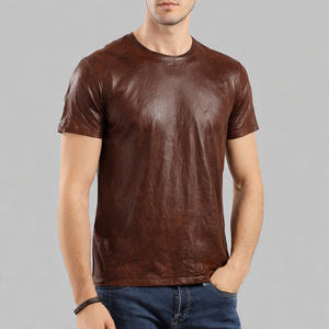 T-shirt pour homme de haute qualité à manches courtes, col rond, style motard en cuir et PU, écologique, anti-UV - Product Image 5