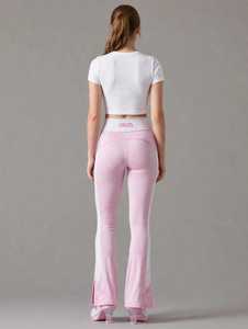 Leggings de yoga évasés taille haute pour femme, color block rose et blanc, avec coutures contrastées et bande latérale - Product Image 3