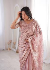 Wholesale Luxury Silk Saree with Embroidered Sequin Work | Stitched Readymade Blouse XXL 44 Inch - Product Image 2