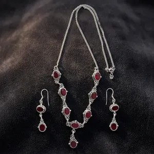 Red Garnet 925 Sterling Silver Necklace <b>Earrings</b> Set Oval Bezel Setting Women's Vintage Party Jewelry Elegant Statement Set Gift - Product Image 5