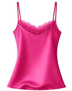 Ensemble de pyjama en satin rose vif avec dentelle pour femmes, ensemble de pyjama sexy, vêtements de nuit, vêtements de détente doux en soie, tenue d'été en deux pièces - Product Image 2