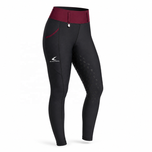 Pantalon d'équitation pour femme, taille haute, à boutons, imprimé, en tricot, longueur intégrale, poches en nylon, noir uni, équestre - Product Image 1