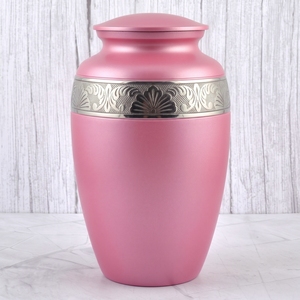 Urna Funeraria de Latón con Banda Floral Rosa y Plateada, Superficie Mate, para Cenizas Humanas, Recuerdo Funerario y Entierro - Product Image 1