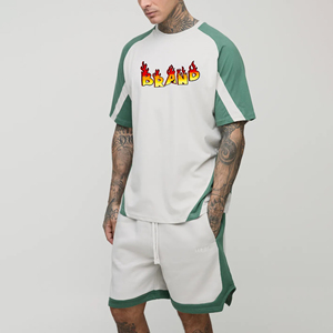 Ensemble court pour homme en coton 100% de poids moyen, avec logo personnalisé imprimé, style streetwear, survêtement de jogging 2 pièces contrastant, grandes tailles - Product Image 1