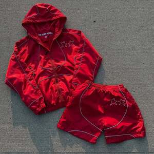 Custom Reflective Piping Windbreaker Jacket and Shorts Set Lightweight Nylon Hooded Two <b>Piece</b> Streetwear Sports <b>Outfit</b> - Product Image 1