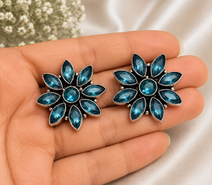 Fast Shipping Brass Ethnic Oxidized Silver Zircon Flower <b>Blue</b> Stone Bezel Setting Statement <b>Stud</b> <b>Earrings</b> Factory Supply - Product Image 3