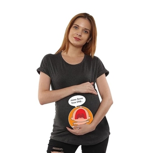 Camiseta de maternidad para mujer, estampado de bebé de dibujos animados, corte holgado, cuello redondo, manga corta, informal, camiseta de algodón gris - Product Image 1