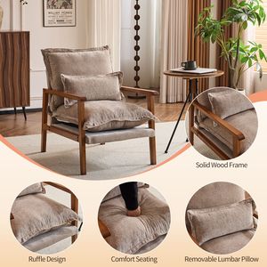 Poltrona da Interno in Legno Massello con Braccioli, Struttura in Metallo, Tessuto Chenille e Cuscino Lombare, Poltrona Singola a Forma di Nuvola - Product Image 2