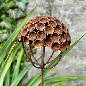 Rustic Metal Garden Stake With Cupped Sphere Design Outdoor Decor Modern Style Galvanized Steel Sculpture - Product Image 1