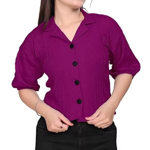 Women's Regular Fit Solid Pattern Cotton Blend <b>Shirt</b> with <b>Half</b> Sleeve Cuban Collar Neck and <b>Button</b> Down Closure Type - Product Image 1