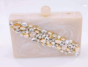 Luxury White Resin Clutch <b>Bag</b> With Crystal Embellishment And Gold Flower Top Handmade Evening Purse Unique Style Latest Design - Product Image 3