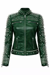 Green Punk Style Studded <b>Leather</b> Motorcycle <b>Jacket</b> <b>Men</b> Plus Size Regular Sleeve Stand Collar Zipper Closure - Product Image 4