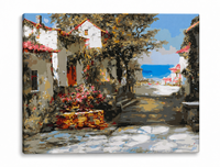 Tableau sur toile Cottage de jardin panoramique, impression village côtier rêveur, taille personnalisée, décoration intérieure