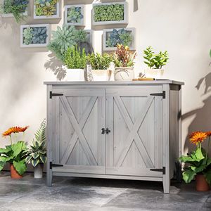 Armadio da Esterno in Legno Grigio Chiaro, Facile da Montare, Casetta da Giardino con Doppia Porta e Ripiano - Product Image 6