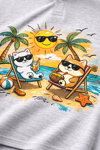 Camiseta Polo Personalizada al por Mayor para Hombre - Camiseta Polo de Algodón con Gráfico Divertido de Gato en la Playa, Manga Corta, Informal, para Verano - Product Image 5