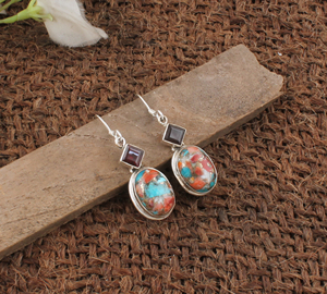 Boucles d'oreilles pendantes ovales en argent sterling 925 avec grenat rouge naturel et coquille d'huître épineuse, bijoux de luxe en pierres précieuses pour femme, cadeau de fête - Product Image 4