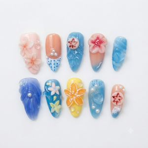 Diseño de uñas acrílicas cortas de almendra para dedo-Ocean Blue Tropical & Summer Resort Coral Tide Promise - Product Image 1