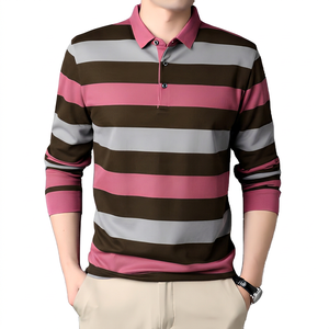 Polo de Punto a Rayas de Manga Larga para Hombre, Diseño Casual con Botones al Frente, Rosa, Azul Marino, Gris - Product Image 6