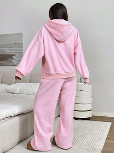 Women Pink Hooded Tracksuit Cotton Fleece Loose Fit Solid Color Casual <b>Jogger</b> <b>Set</b> With Side Pockets Autumn Wear - Product Image 2