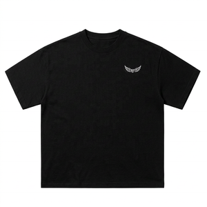 Camiseta Negra de Manga Corta con Cuello Redondo para Hombre, con Logotipo de Alas Bordado en la Parte Delantera, Corte Regular Informal, de Algodón Jersey - Product Image 1