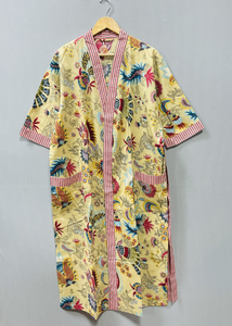 Kimono de Verano Estampado Mukut, Estilo Bohemio, Cuello en V, 100% Algodón, Cierre con Cordón, Lujoso, Casual, Largo, para Descansar - Product Image 2