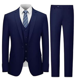 Costume d'affaires 3 pièces bleu marine pour homme avec gilet, col à revers simple, style britannique, infroissable - Product Image 1