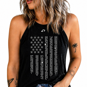 Wholesale Women Black Rhinestone Star Stripe Racerback Tank <b>Top</b> Sleeveless Summer Casual Graphic Vest Women's Shirts OEM Service - Product Image 3