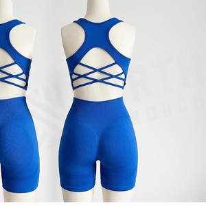 North Approach 2 Piece Yoga Set <b>Blue</b> Seamless <b>Crop</b> <b>Top</b> High Waist Shorts Scoop Neck Crisscross Straps Sportswear - Product Image 2