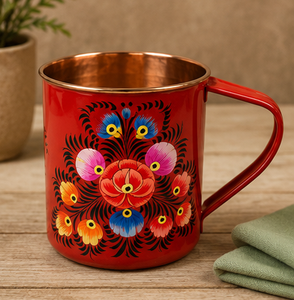 Mug en cuivre vert sarcelle de luxe, peint à la main avec des motifs floraux, extérieur vert sarcelle orné d'un motif floral traditionnel peint à la main et vibrant. - Product Image 3
