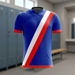 Maillot de football athlétique pour homme, bleu, manches courtes, col en V, avec rayures diagonales - Product Image 2