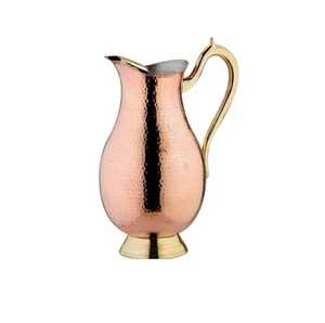 Hammered Copper Pitcher with Lid Curved Handle Cylindrical Body Decorative Bands Traditional Handcrafted <b>Jug</b> Elegant Water - Product Image 4