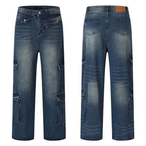 Jean cargo en denim de qualité supérieure, coupe droite, délavé vintage, multi-poches, style streetwear décontracté, coupe ample - Product Image 6