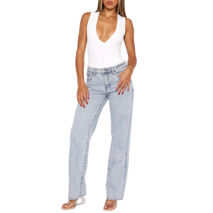 Pantalones vaqueros elásticos de cintura alta para mujer, ropa de calle ajustada, estilo recto, relajado, cómodo, elástico, cómodo, ropa para todas las estaciones - Product Image 2