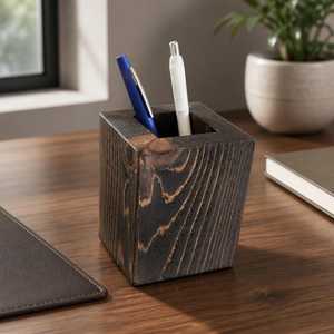 Wooden <b>Desk</b> Pen Holder Square <b>Rustic</b> Office Supply Organizer for Pens Pencils and Markers - Product Image 3