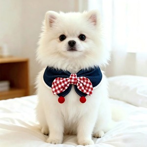 Pet Collar Bib Red <b>Bow</b> Lace Trim Pom Pom Snap Buttons Daily Wear Outdoor Walk Birt Snap Buttons Daily Wear Outdoor Walk - Product Image 2