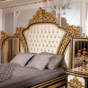Juego de Dormitorio King Size de Lujo Estilo Turco Europeo Antiguo con Cama Clásica de Matrimonio, Mesita de Noche y Espejo de Madera de Caoba - Product Image 3