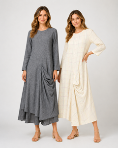 Vestido Midi de Algodón Willow Grace, Vestido a Cuadros Color Marfil - Product Image 1