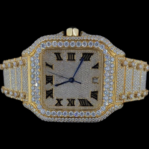 Moissanite Diamond Square <b>Case</b> With Roman Numerals Only Bezel Fashion Quartz Movement Two tone Fully Iced Out Man's Made <b>watch</b> - Product Image 1