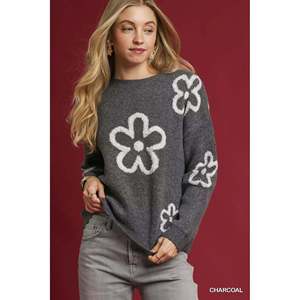 เสื้อสเวตเตอร์คอกลมสีชาร์โคลสำหรับผู้หญิงยี่ห้ออุมกีไซส์ S พร้อมลายดอกไม้สุดหรู - Product Image 5
