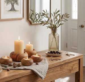 Porte-bougie rond en teck naturel fait à la main, design minimaliste, décoration de Noël, de Pâques, décoration de la maison, décoration de table - Product Image 1
