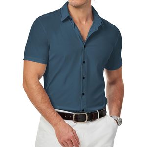 Chemises habillées pour hommes à col montant uni, en polyester/coton, décontractées pour le printemps, à manches courtes boutonnées, très extensibles, infroissables, coupe ajustée - Product Image 1
