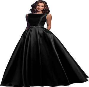 Vestido de noche formal negro de satén, corte en A, cuello barco, sin mangas, cintura con cuentas, bolsillos prácticos, disponible a precios de mayorista. - Product Image 1