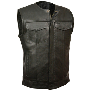 Men's Black Polyester Moto Vest O-Neck Zipper Closure Solid Color Regular Length Outerwear Plus Size Thick Leather Vest for Men - Product Image 6