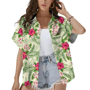 Tropical <b>Hawaiian</b> Floral Print Shirt for Women Loose Fit Long Casual Button Down Short Sleeve Boho Summer Shirt with Rhinestone - Product Image 3