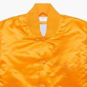 Blouson bomber en satin orange pour homme, avec bandes rouges et blanches sur les manches - Product Image 3