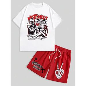 Ensemble court 2 pièces d'été imprimé sérigraphié à épaules tombantes, T-shirt col rond et short imprimé 3D en relief de haute qualité - Product Image 1